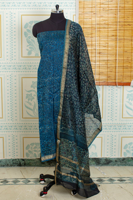 Handwoven Chanderi Cotton Salwar Top & Dupatta Set – Teal Blue & Gold