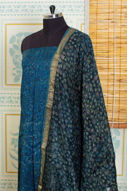 Handwoven Chanderi Cotton Salwar Top & Dupatta Set – Teal Blue & Gold