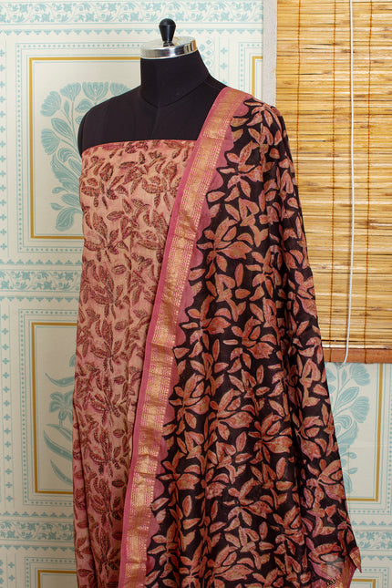 Handwoven Chanderi Cotton Salwar Top &Dupatta Set – light red and black
