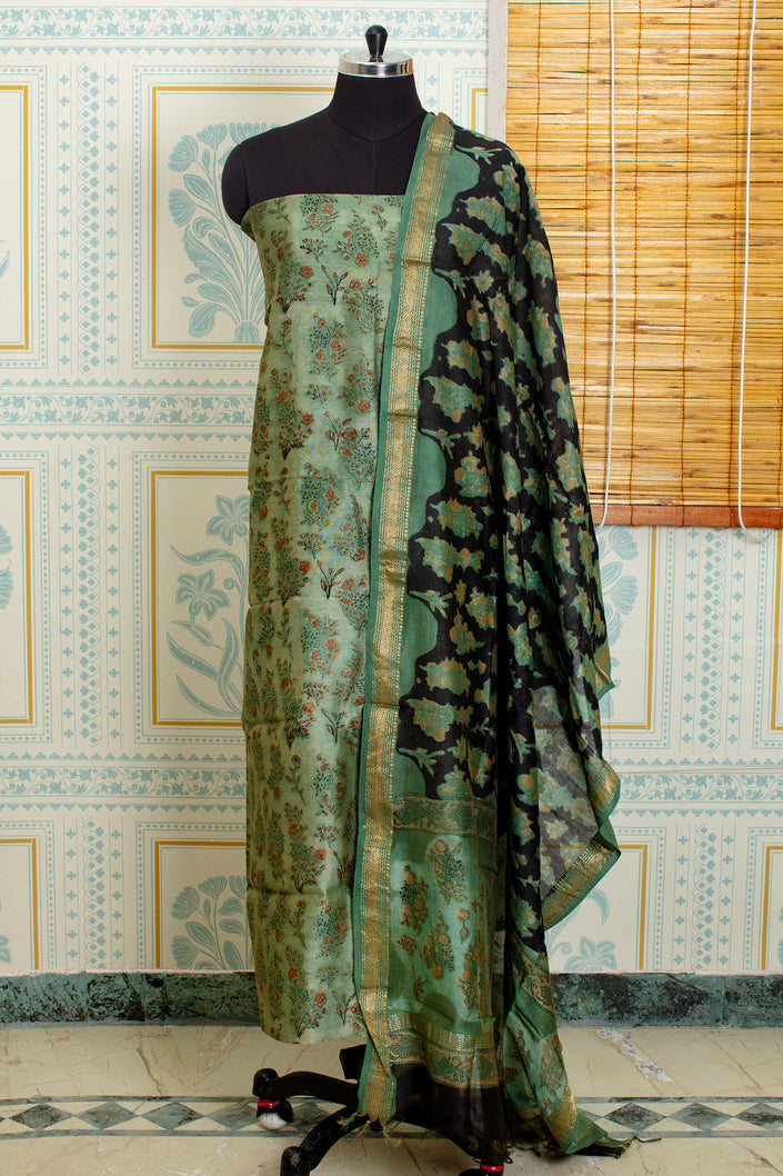 Handwoven Chanderi Cotton Salwar Top & Dupatta Set – light green  & black