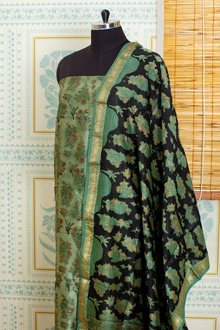 Handwoven Chanderi Cotton Salwar Top & Dupatta Set – light green  & black