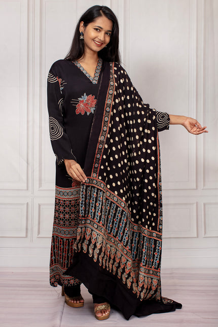 Elegant Black Ajrakh Printed Salwar Suit Set