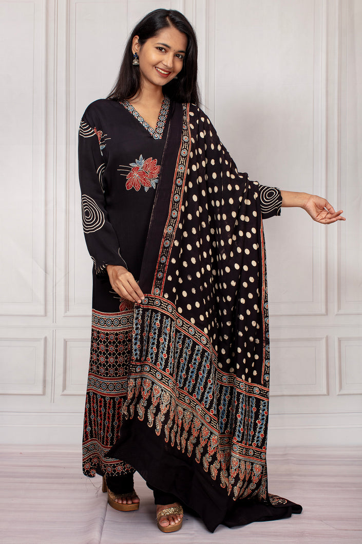 Elegant Black Ajrakh Printed Salwar Suit Set
