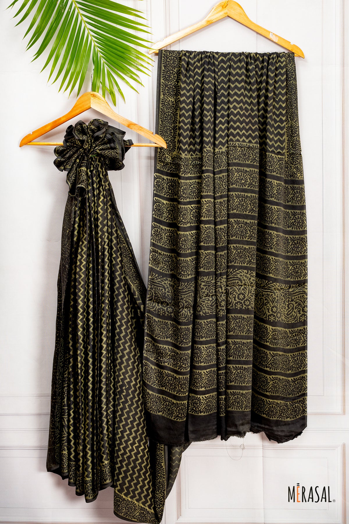Hand Block Printed Saree in Olive Green & Black