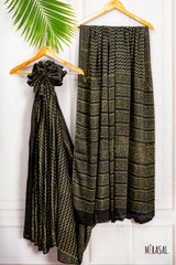 Hand Block Printed Saree in Olive Green & Black