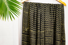 Hand Block Printed Saree in Olive Green & Black