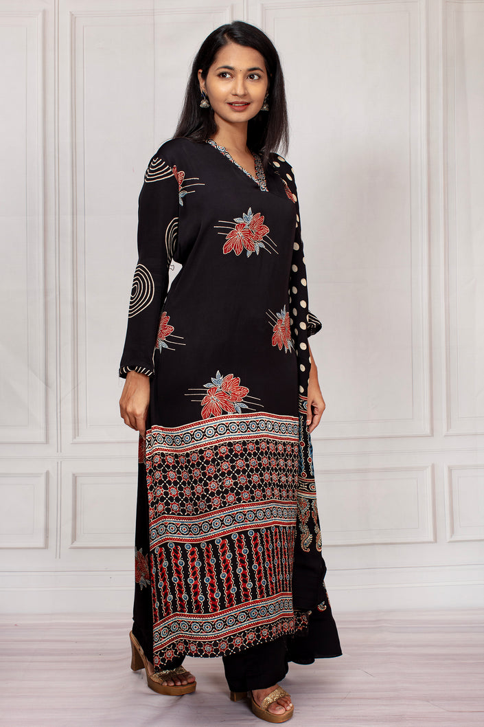 Elegant Black Ajrakh Printed Salwar Suit Set