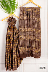 Handcrafted Ajrakh Saree in Earthy Brown & Mustard Tones