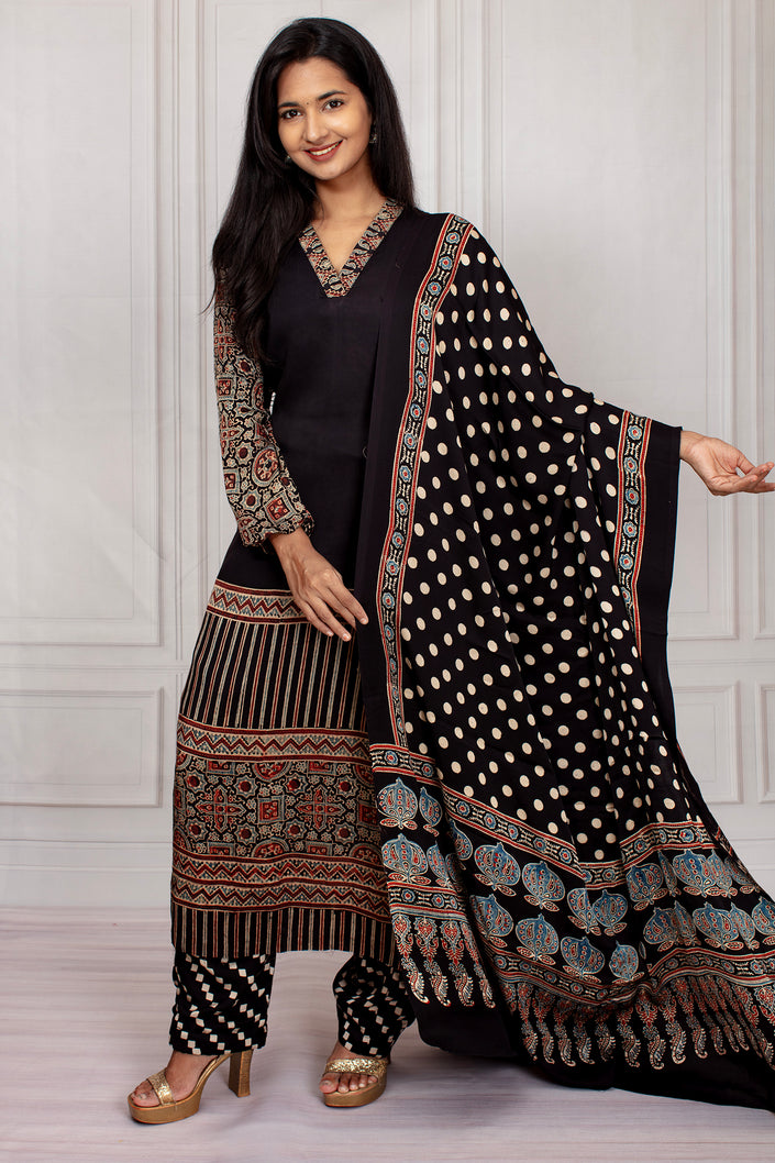 Elegant Black Ajrakh Printed Salwar Suit Set