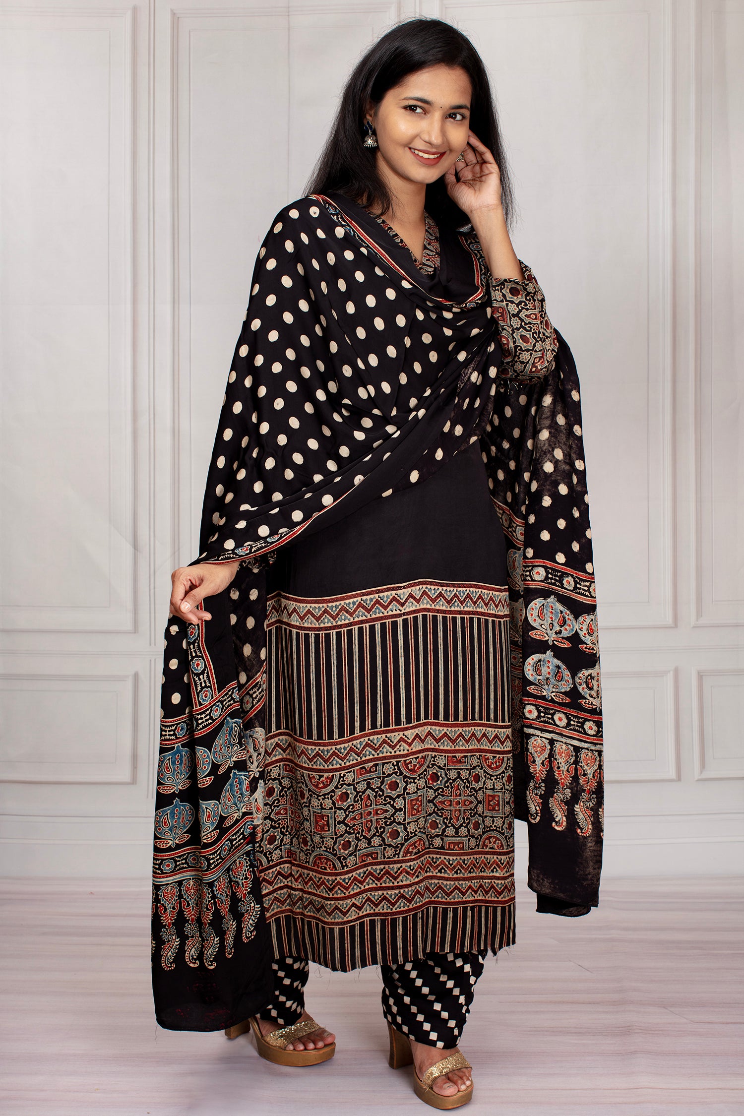 Elegant Black Ajrakh Printed Salwar Suit Set