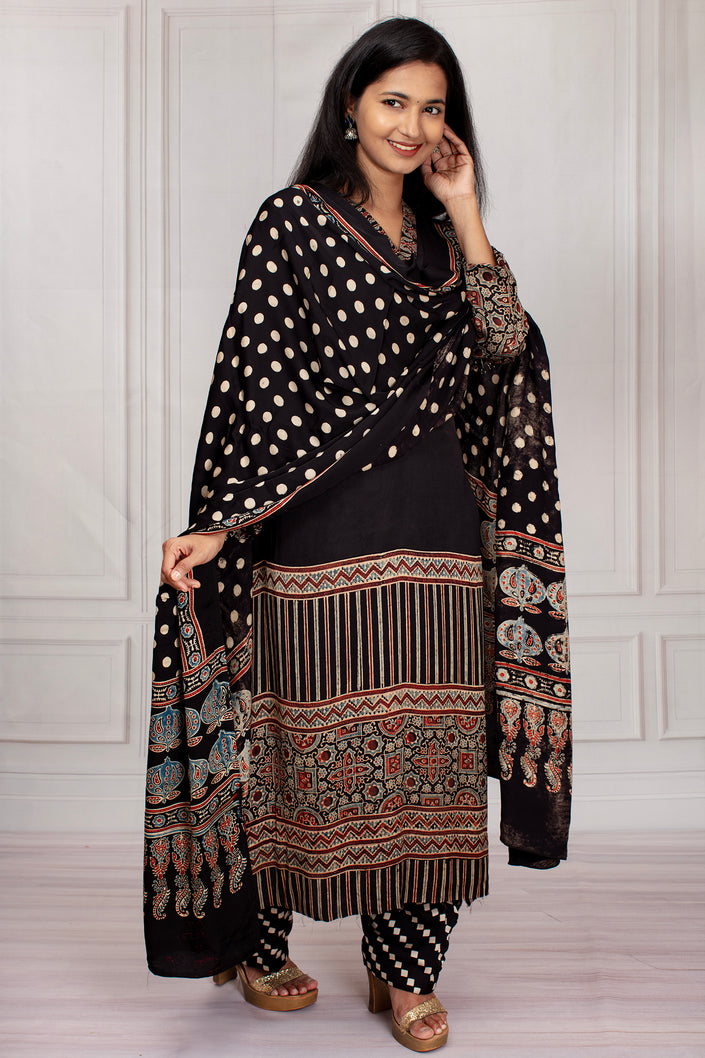 Elegant Black Ajrakh Printed Salwar Suit Set