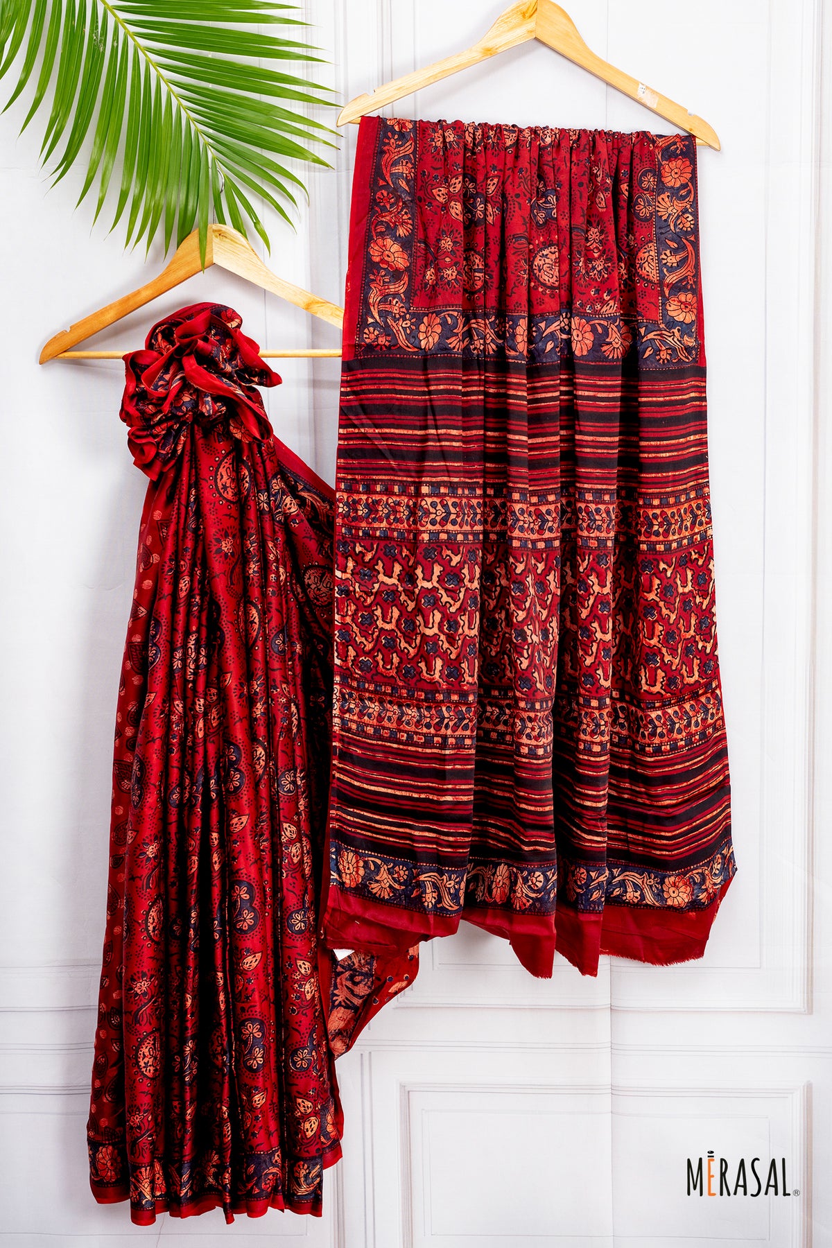 Handcrafted Ajrakh Saree in Deep Crimson Red with Indigo & Madder Accents