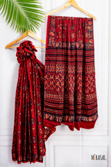 Handcrafted Ajrakh Saree in Deep Crimson Red with Indigo & Madder Accents