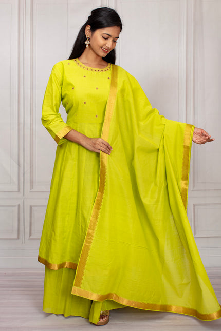 Vibrant Lime Green Mangalgiri Cotton Salwar Suit Set