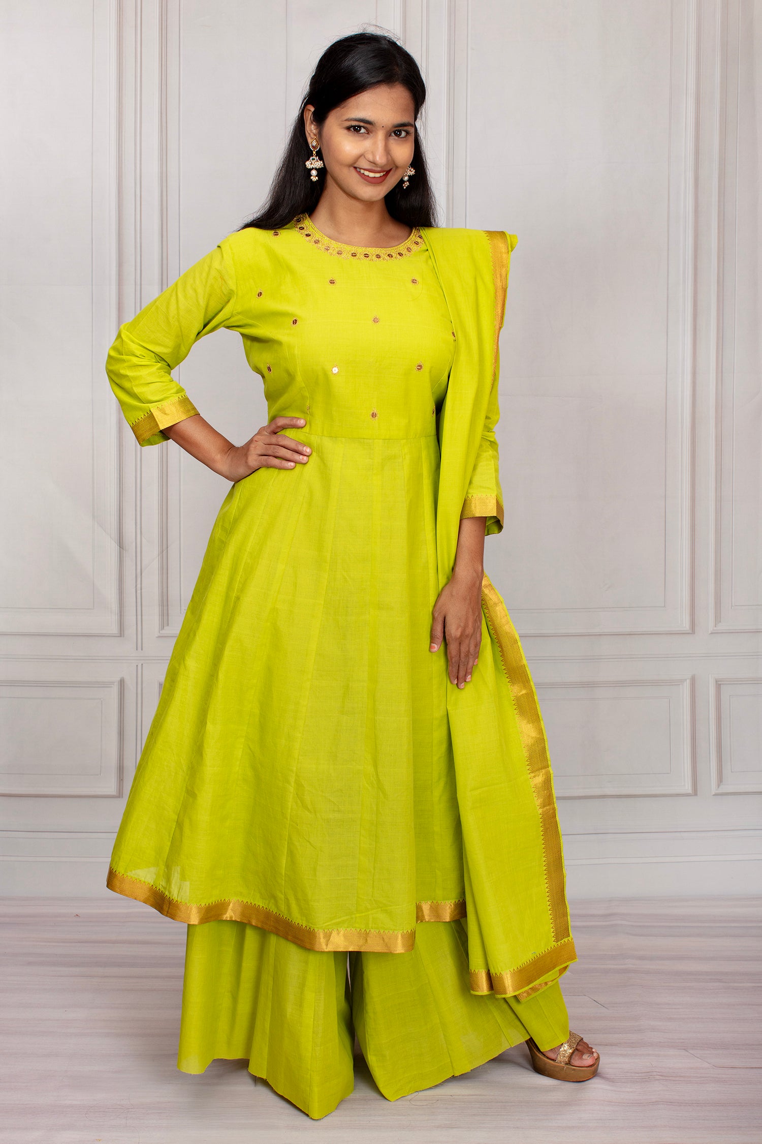 Vibrant Lime Green Mangalgiri Cotton Salwar Suit Set