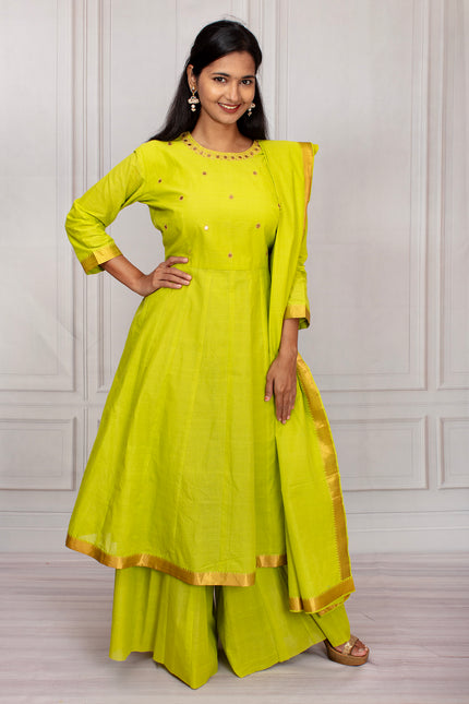 Vibrant Lime Green Mangalgiri Cotton Salwar Suit Set