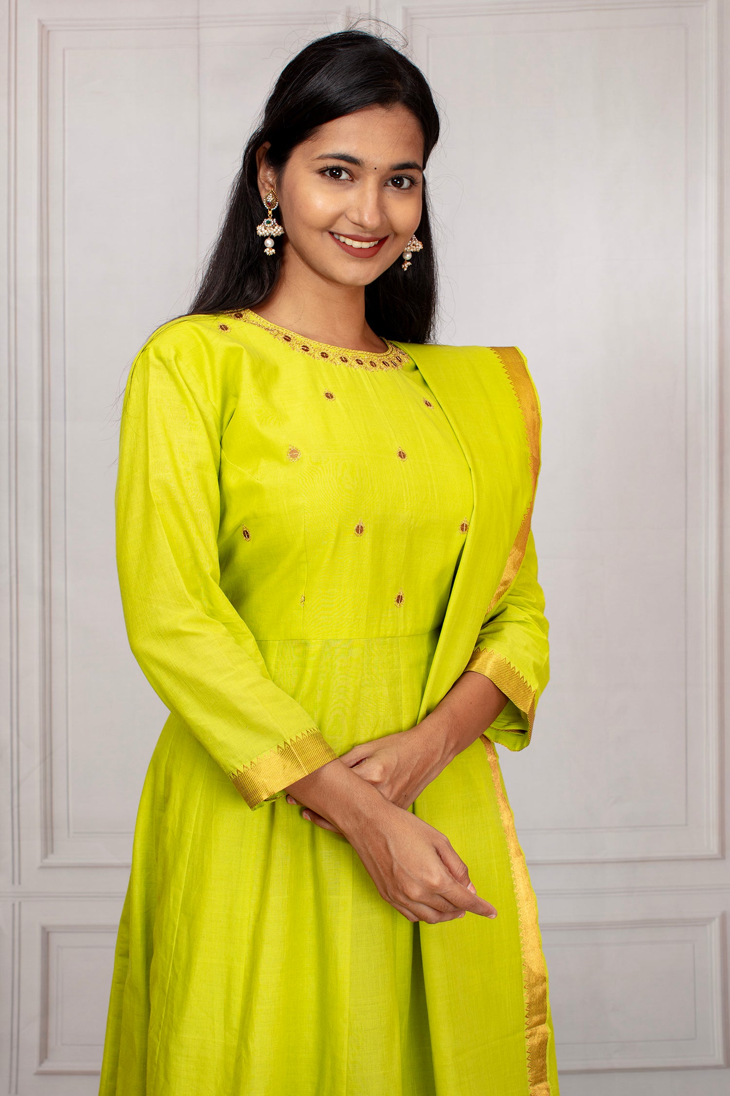 Vibrant Lime Green Mangalgiri Cotton Salwar Suit Set