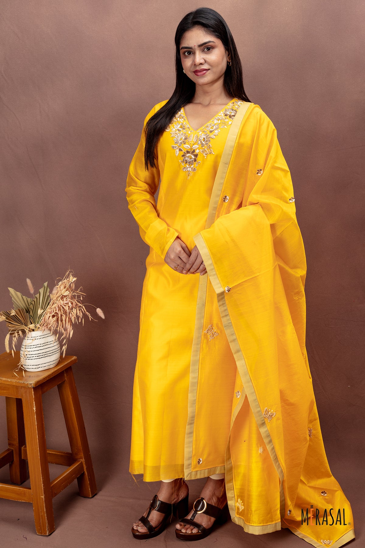 Yellow Cotton Salwar Suit with Embroidered Neckline