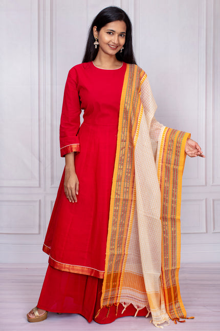 Graceful Red Mangalgiri Cotton Salwar Suit Set with Handwoven Dupatta