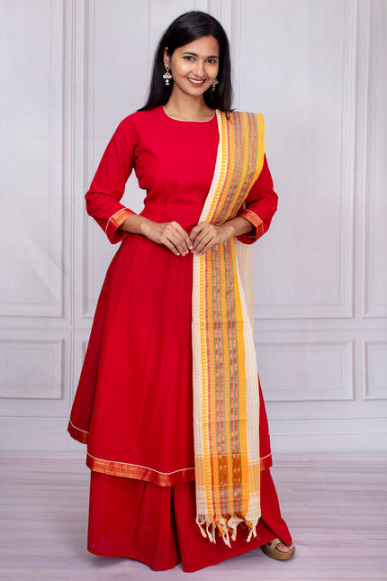 Graceful Red Mangalgiri Cotton Salwar Suit Set with Handwoven Dupatta