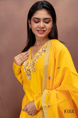Yellow Cotton Salwar Suit with Embroidered Neckline