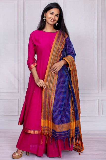 Elegant Pink Mangalgiri Cotton Suit Set with Royal Blue Dupatta