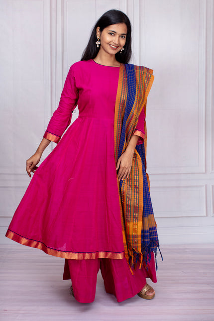 Elegant Pink Mangalgiri Cotton Suit Set with Royal Blue Dupatta