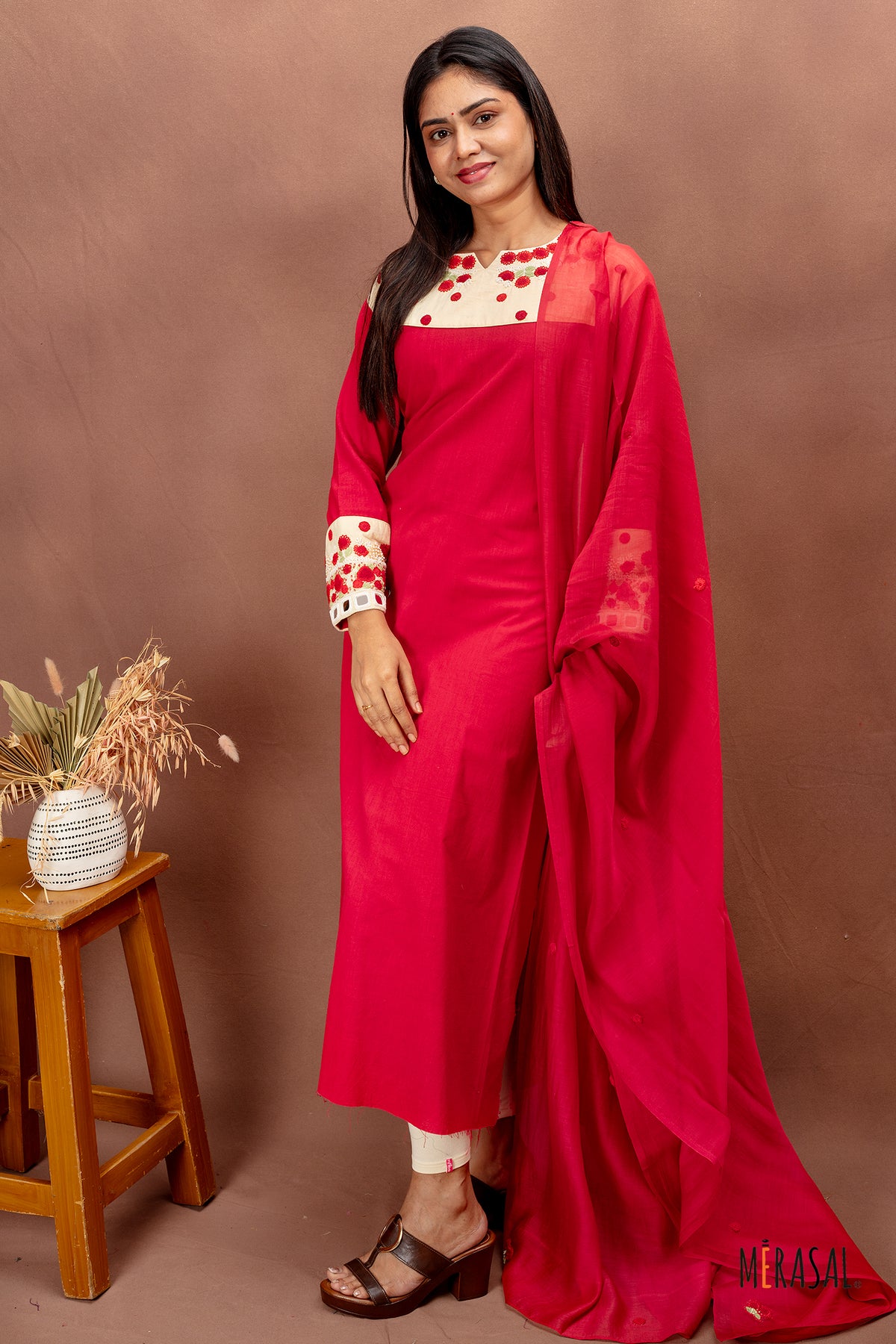 Red Cotton Salwar Suit with Embroidered Yoke