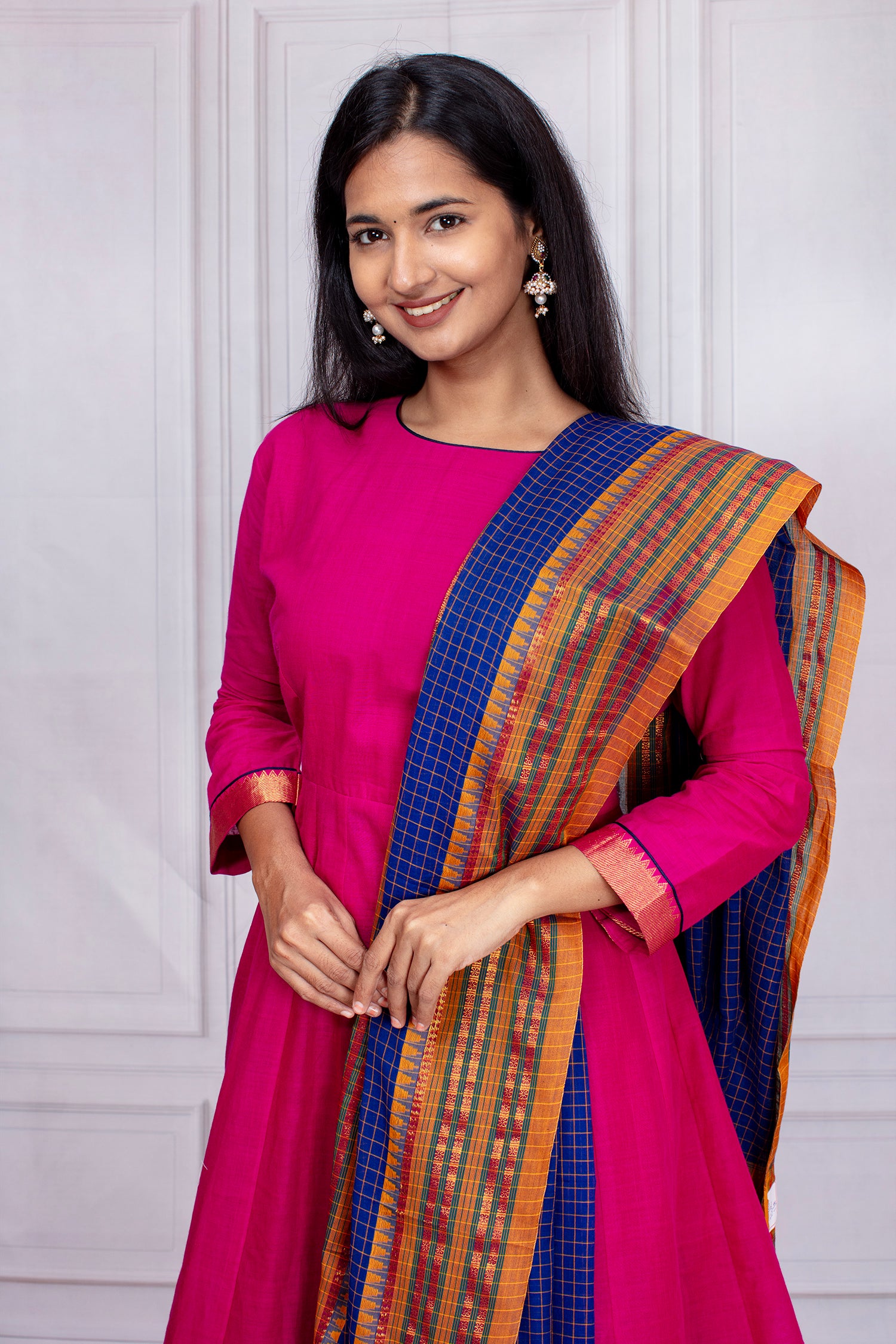 Elegant Pink Mangalgiri Cotton Suit Set with Royal Blue Dupatta