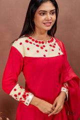 Red Cotton Salwar Suit with Embroidered Yoke
