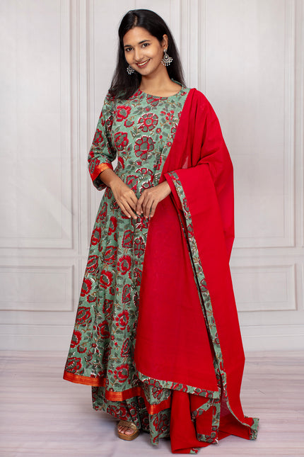 Green Floral Anarkali Suit With Red Dupatta