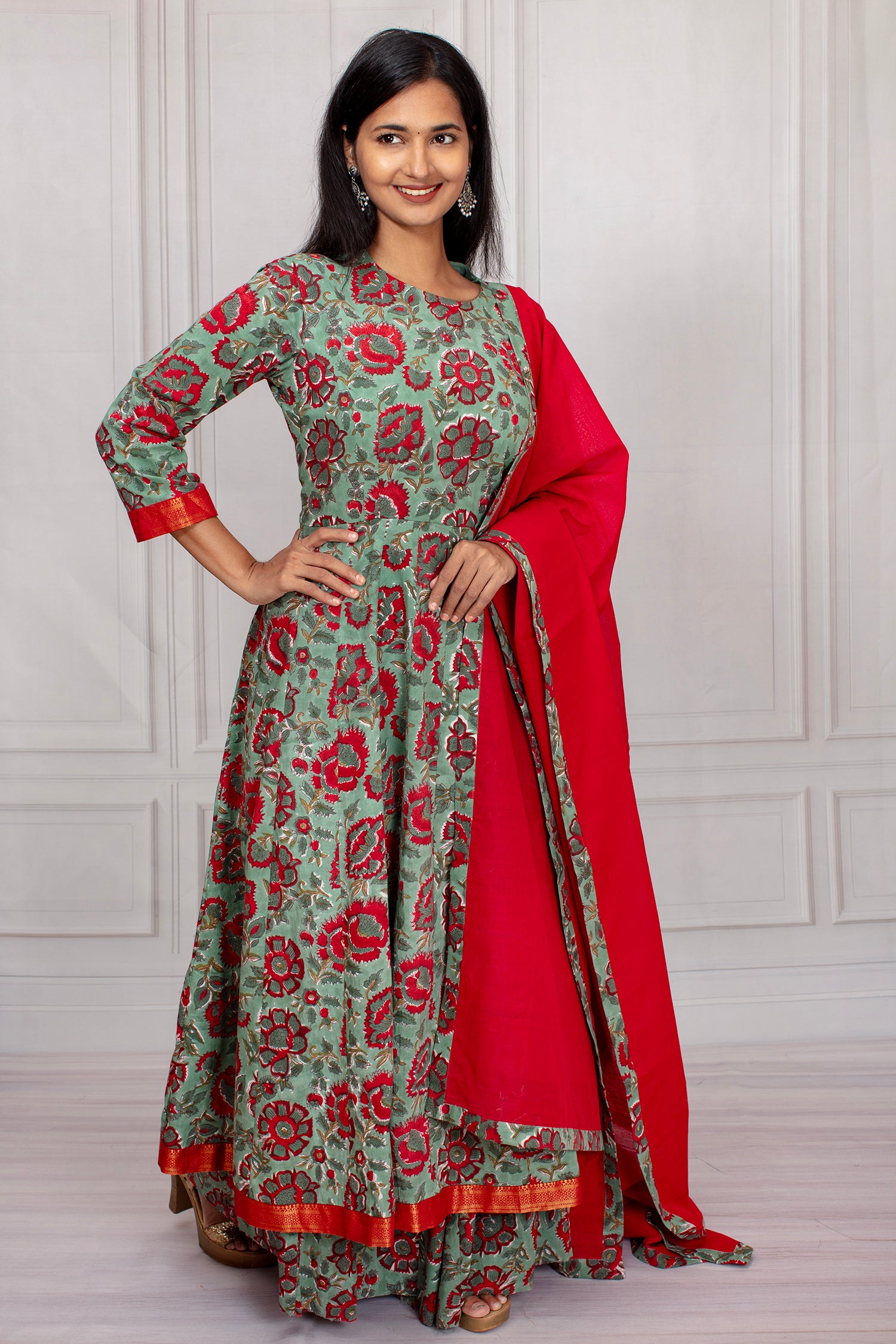 Green Floral Anarkali Suit With Red Dupatta
