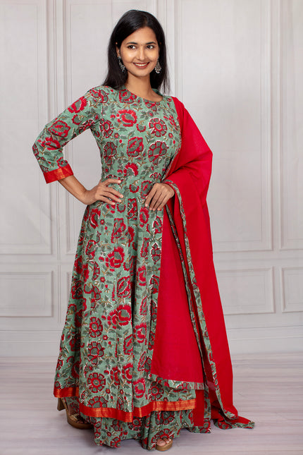 Green Floral Anarkali Suit With Red Dupatta