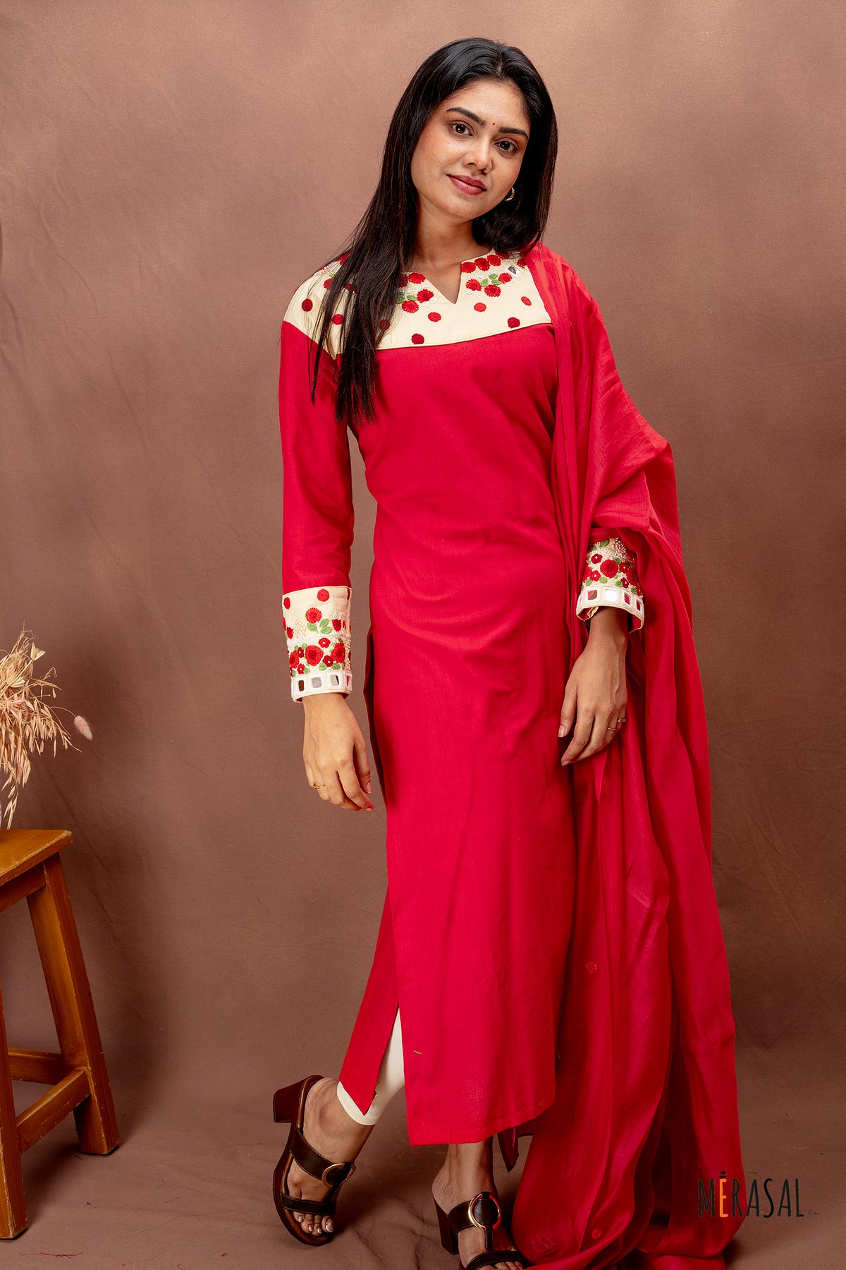 Red Cotton Salwar Suit with Embroidered Yoke