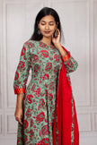 Green Floral Anarkali Suit With Red Dupatta