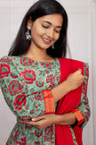 Green Floral Anarkali Suit With Red Dupatta
