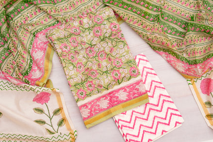 Elegant Chanderi Cotton Unstitched Green Salwar Suit Set (Top, Bottom & Dupatta)