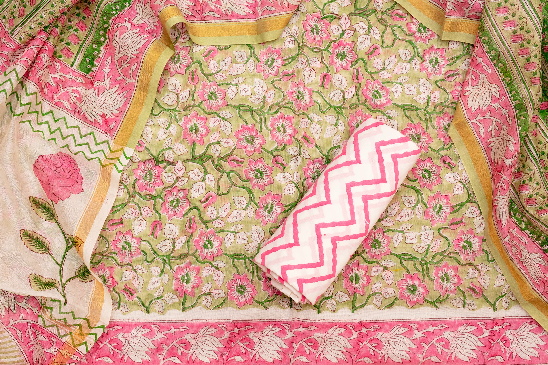 Elegant Chanderi Cotton Unstitched Green Salwar Suit Set (Top, Bottom & Dupatta)