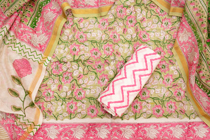 Elegant Chanderi Cotton Unstitched Green Salwar Suit Set (Top, Bottom & Dupatta)
