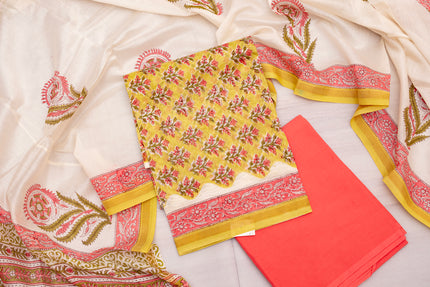 Chanderi Cotton Unstitched Salwar Suit Set – Floral Mustard &Pink Elegance
