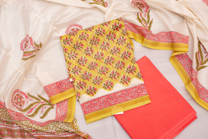 Chanderi Cotton Unstitched Salwar Suit Set – Floral Mustard &Pink Elegance