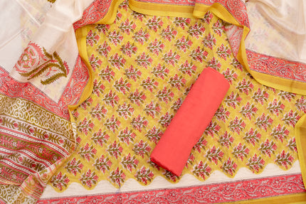 Chanderi Cotton Unstitched Salwar Suit Set – Floral Mustard &Pink Elegance