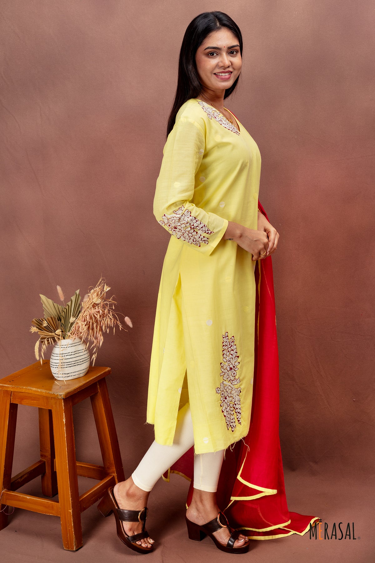 Lemon Yellow Cotton Salwar Set with Red Dupatta