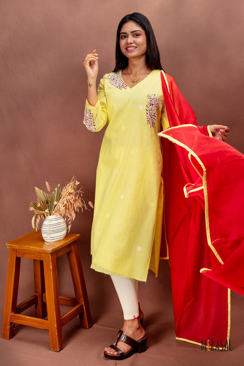 Lemon Yellow Cotton Salwar Set with Red Dupatta