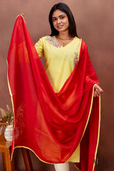 Lemon Yellow Cotton Salwar Set with Red Dupatta