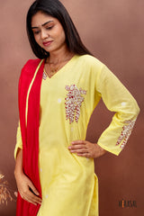 Lemon Yellow Cotton Salwar Set with Red Dupatta