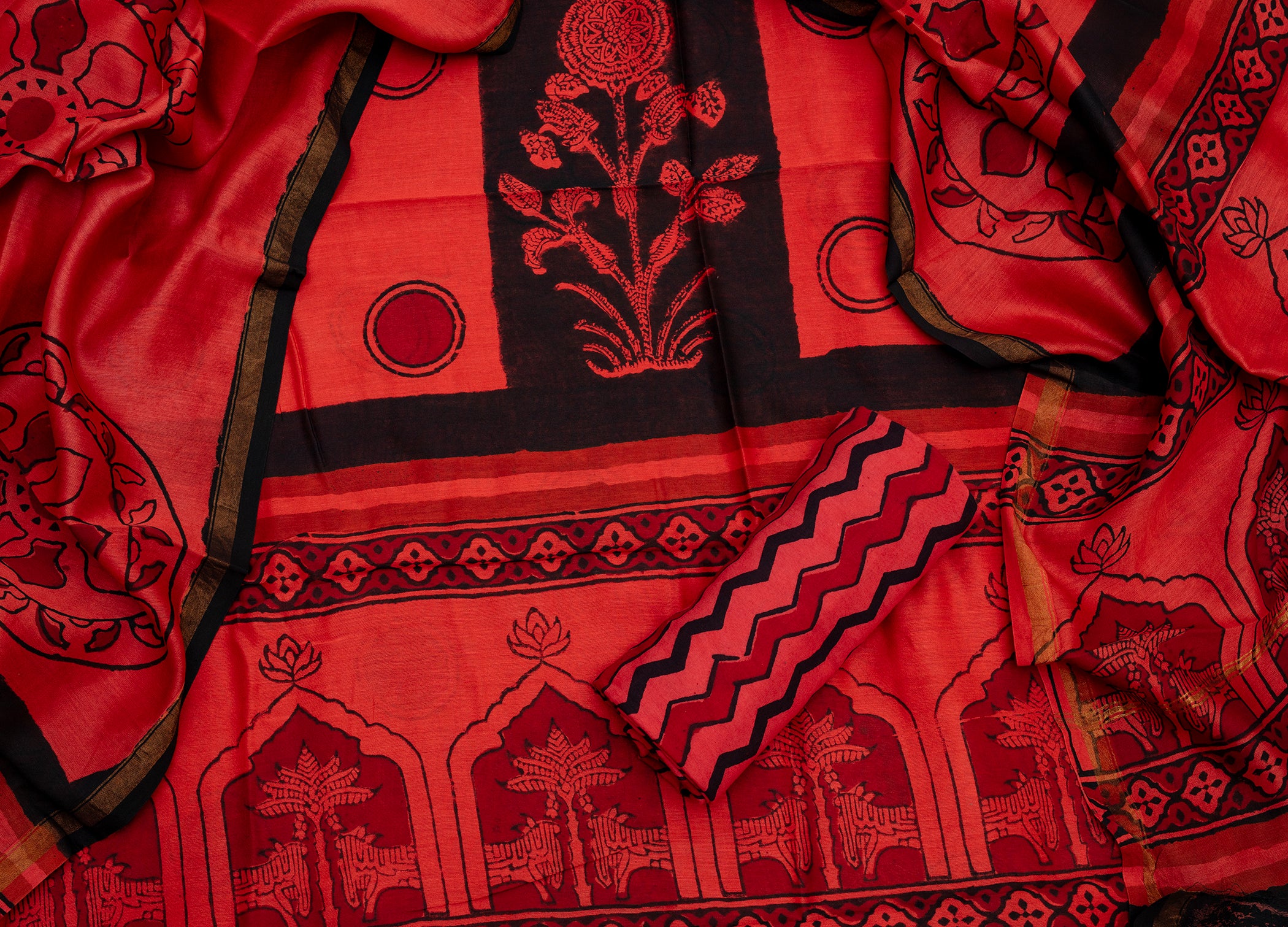 Chanderi Cotton Unstitched Salwar Suit Set – Red & Black Elegance