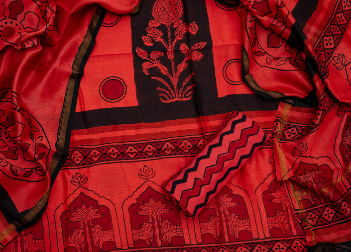 Chanderi Cotton Unstitched Salwar Suit Set – Red & Black Elegance
