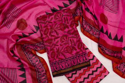 Chanderi Cotton Unstitched Salwar Suit Set – Dark Pink Elegance