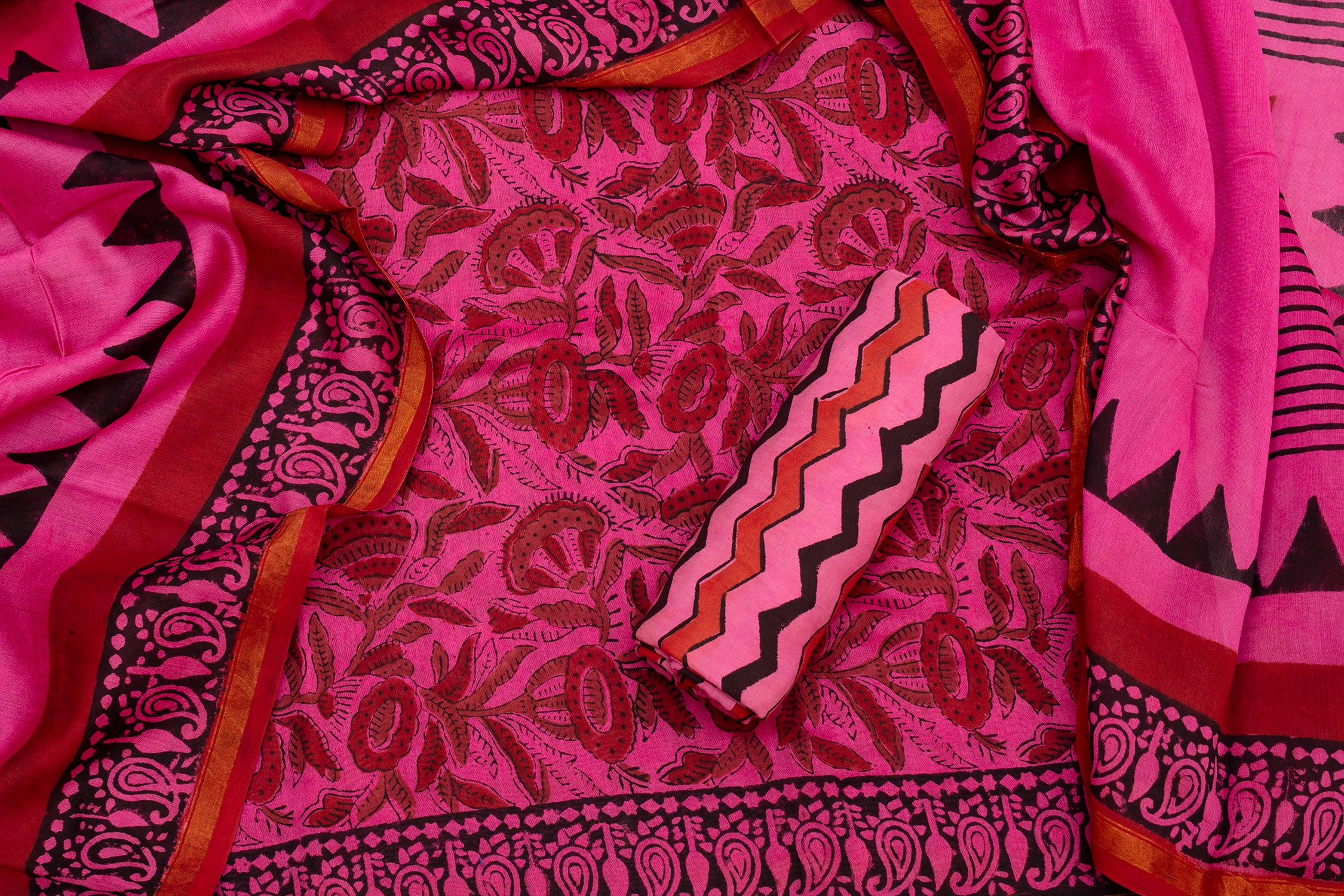 Chanderi Cotton Unstitched Salwar Suit Set – Dark Pink Elegance